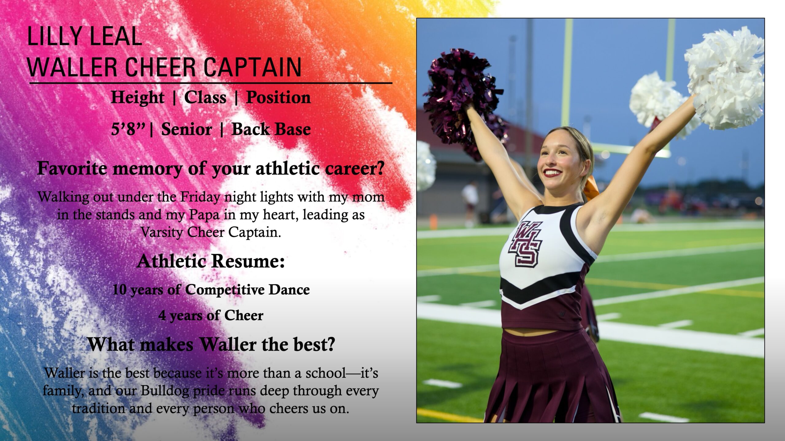 Our meet the Bulldogs begins with Waller Cheer Captain Lilly Leal.