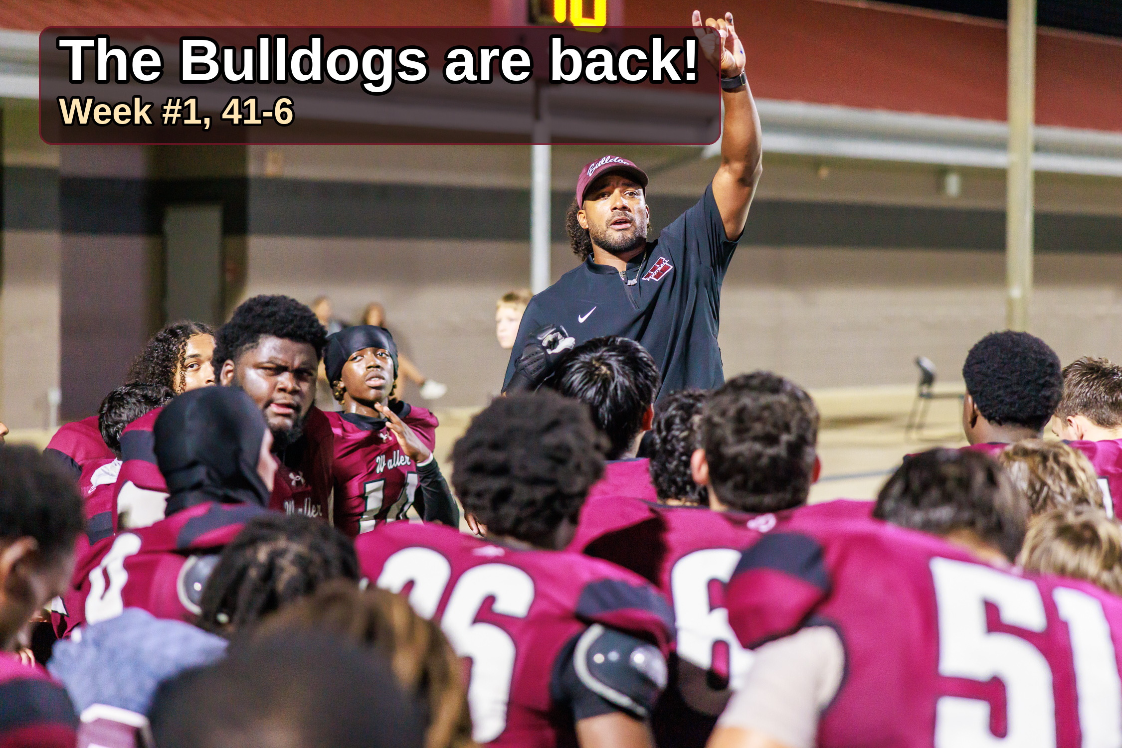 The Waller Bulldog football team won their season opener over the Davis Falcons, 41-6, on Aug. 28, 2026. Head coach Marcus Mendoza speaks to his players after the game. (Waller Sentinel photo by Alberto Mata Jr.)