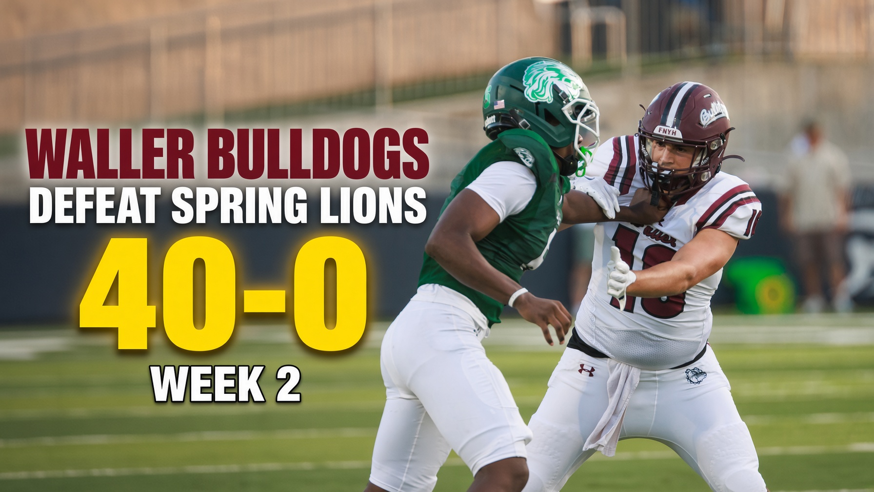 Kyle Bice (16) holds off a Spring player during the second game of the year for the Waller Bulldogs at Planet Ford Stadium in Spring, Texas, on Sept. 4, 2026. (courtesy Creighton Holub, Ronin Visuals, all rights reserved)