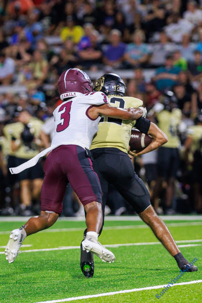 Brinon Johnson (3) sacks the Conroe quarterback. (Waller Sentinel photo courtesy Creighton Holub, Ronin Visuals)