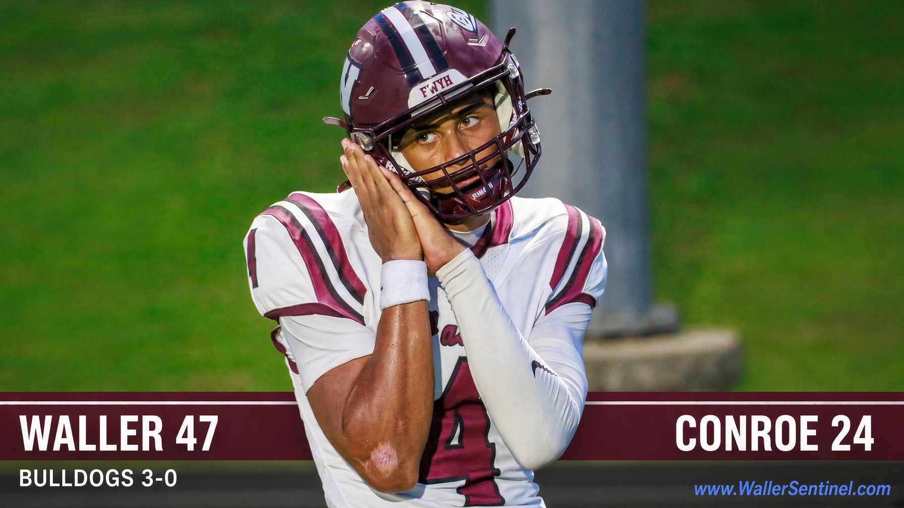 Tristin "TK" Gaines signals the 'Go To Sleep' after scoring a quarterback keeper during the last pre-district game in Conroe on Sept. 11, 2026. (Waller Sentinel photo courtesy Creighton Holub, Ronin Visuals)