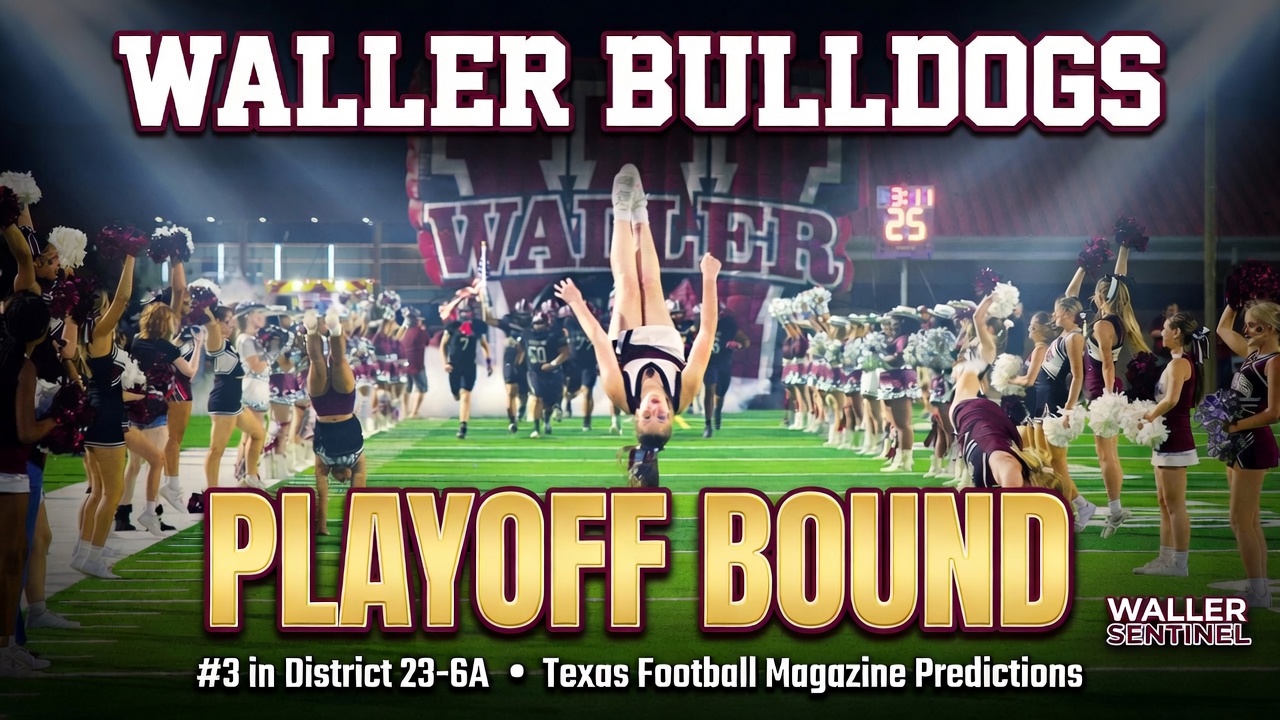The Waller cheerleaders lead the football team onto the field at Daikin Stadium before their district victory over Langham Creek at Daikin Stadium, Oct. 24, 2025. (Ronin Visuals photo by Alberto Mata Jr., all rights reserved.)